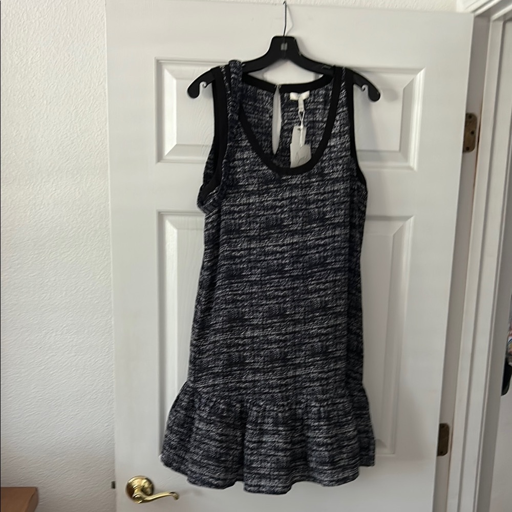 Joie Navy and White Ruffled Sheath Mini Dress with optional elastic belt.
